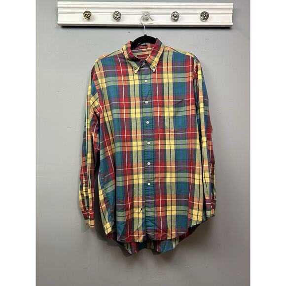 Vintage Chaps Ralph Lauren Shirt Mens Large Plaid Hong Kong Yellow Red Button up - Picture 1 of 8